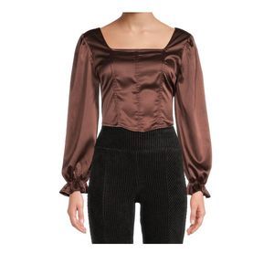 Crave Fame Long Sleeve Square Neck Silk Satin Corset Crop Top Brown Large